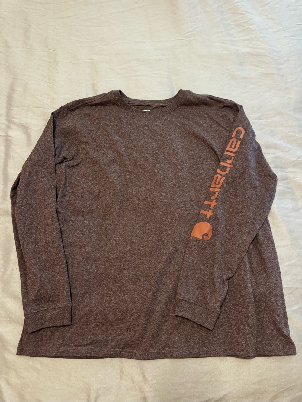 Carhartt Heather Purple Long-Sleeve Logo Tee with Orange/Brown Sleeve Print